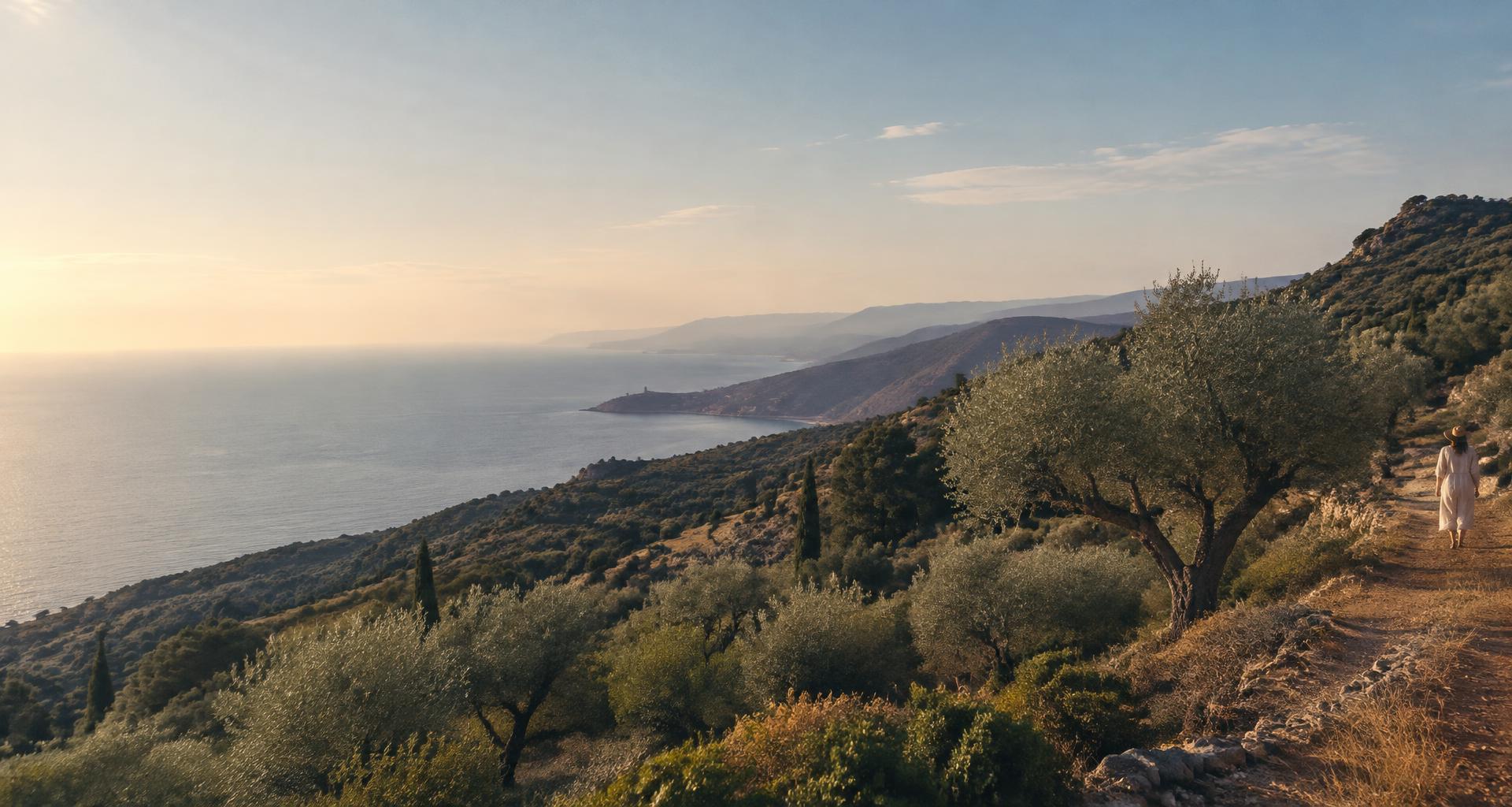 A quiet path through olive trees along the Mediterranean coast